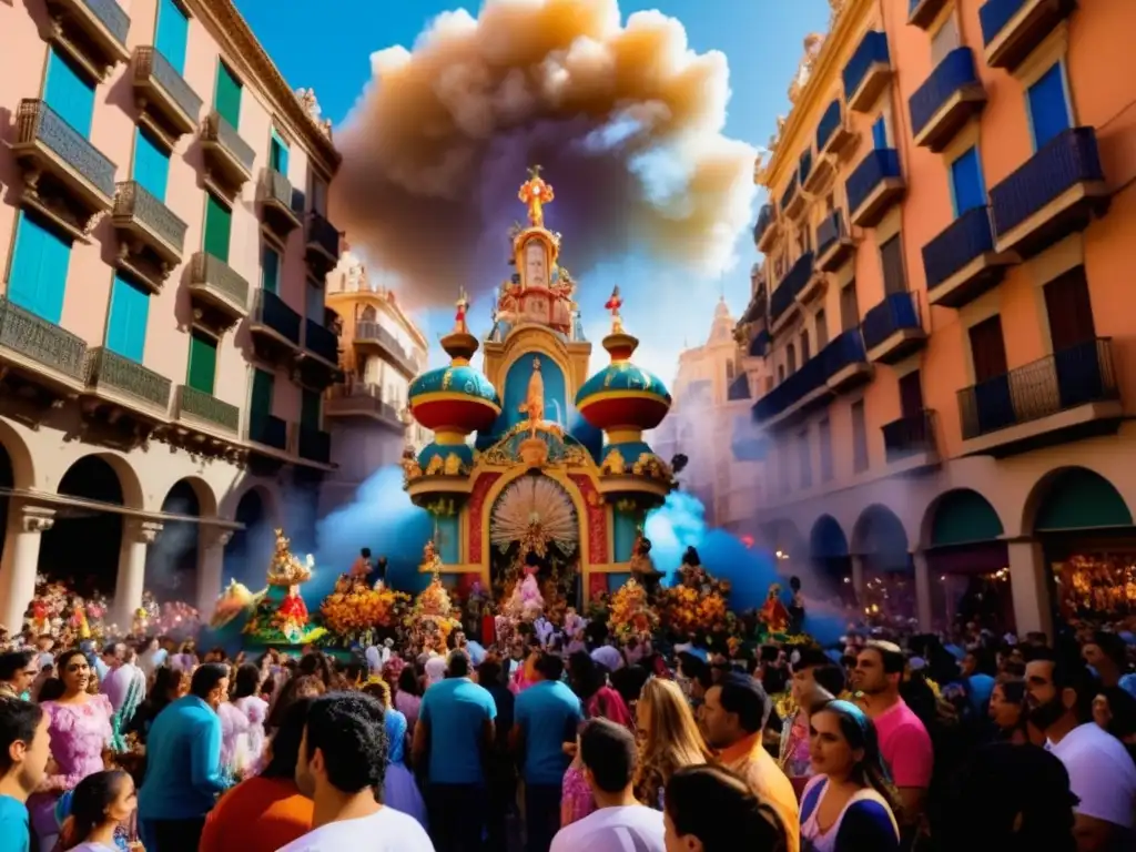 Fallas Valencia: Escena mágica de las fallas gigantes y vibrante multitud en el festival, con historia del vestuario