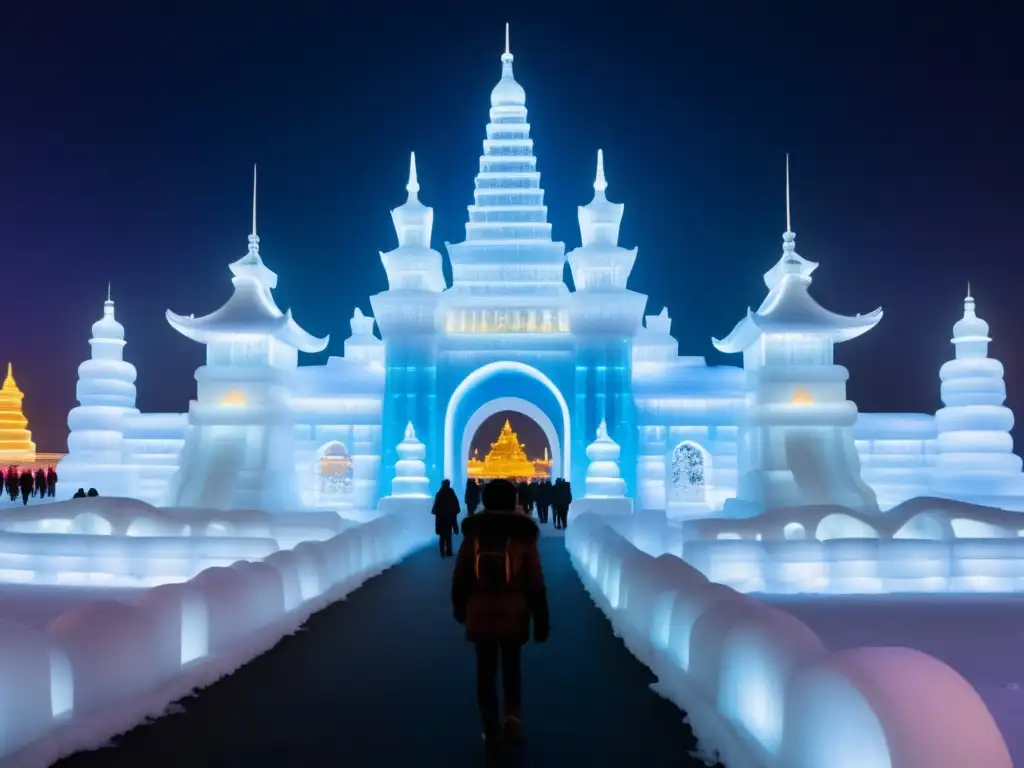 Festival del Hielo Harbin: Escena mágica de esculturas de hielo y castillo iluminado en paisaje nevado