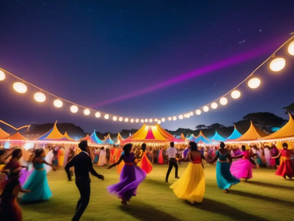 Fotografía larga exposición festivales nocturnos: danza vibrante, decoración encantadora, cielo estrellado, celebración mágica