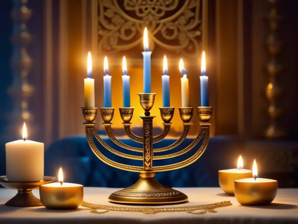 Imagen de una hermosa menorah iluminada en una habitación, simbolizando la historia y significado de Hanukkah