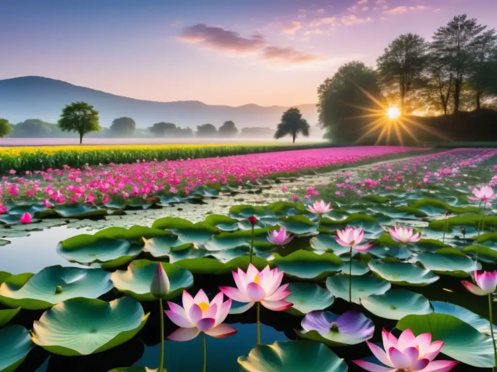 Festivales budistas: escena serena y etérea del Festival de la Flor de Loto en Francia, con paisaje pintoresco y monjes meditando