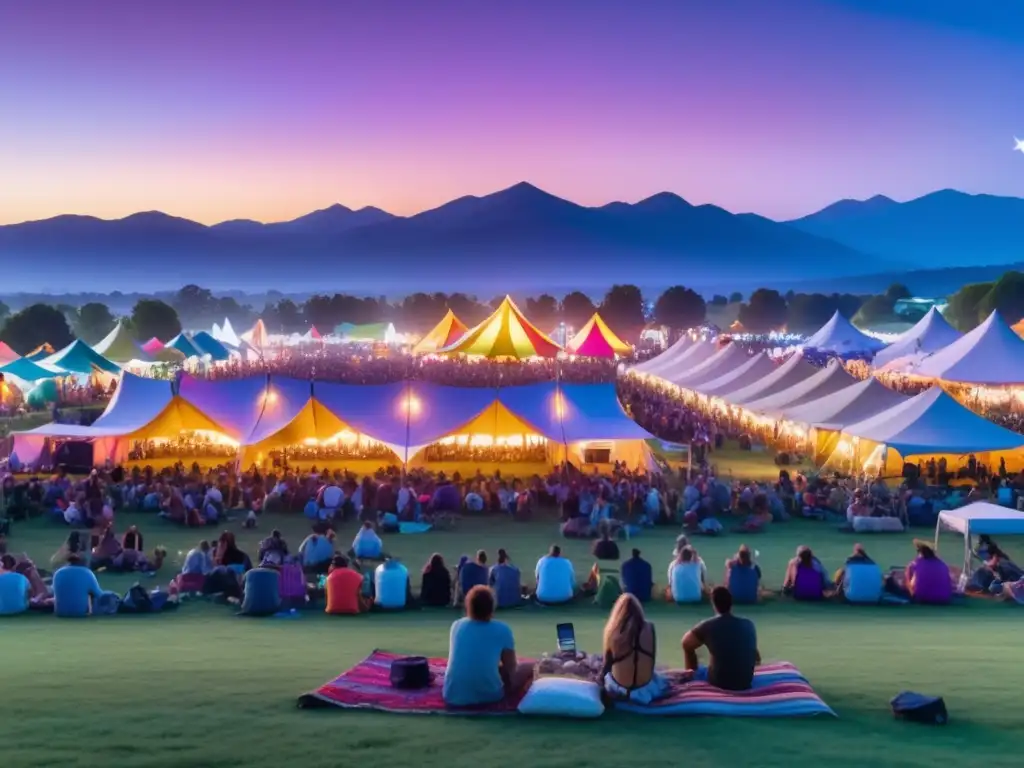 Innovaciones festivales postpandemia: Escena vibrante de festival al aire libre al atardecer con multitud diversa y emocionante