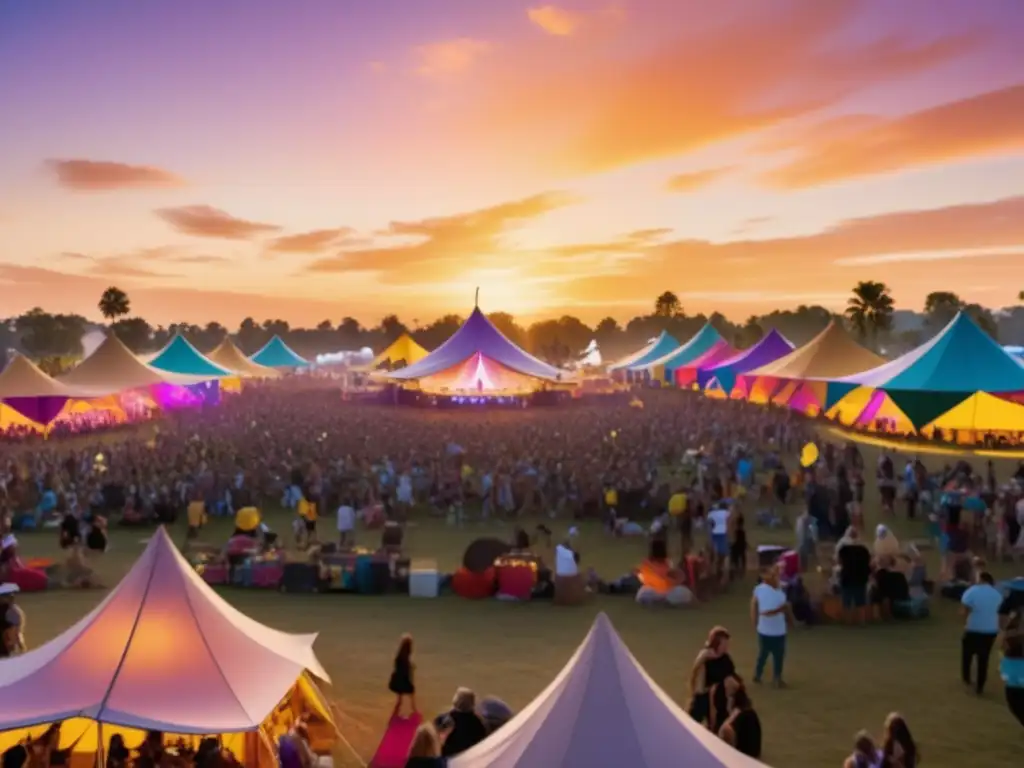 Fotografía de festivales en 360 grados: escena vibrante de un festival de música al atardecer, llena de energía y colores cautivadores