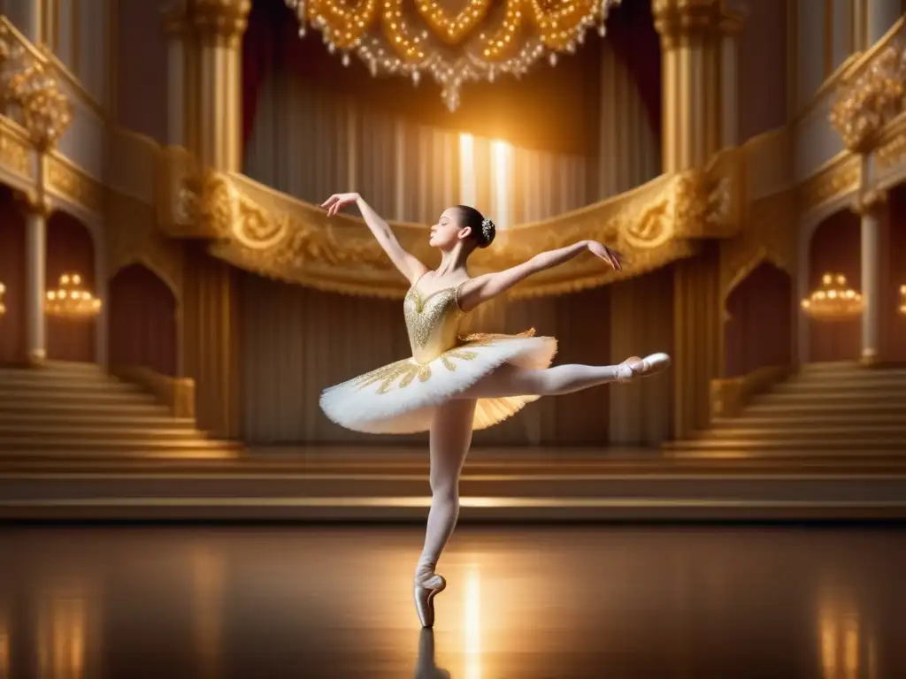 Ballet ruso tradicional: historia y elegancia en el escenario dorado con la ballerina en pose elegante