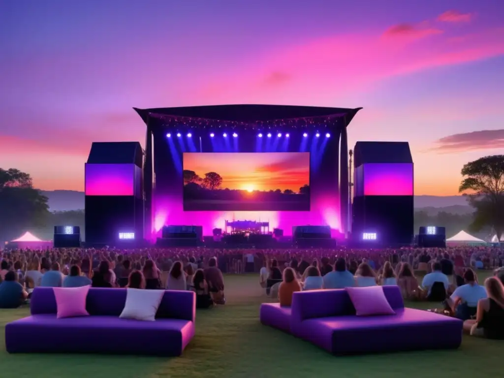 Festival de música al atardecer: vibrante escena con músicos, multitud alegre y colores encendidos