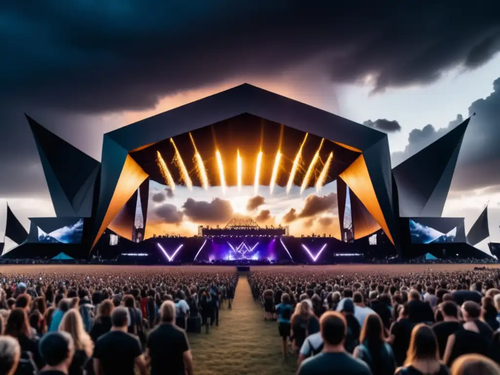 Festival de metal en campo abierto, con impresionante escenario adornado con estructuras metálicas etéreas