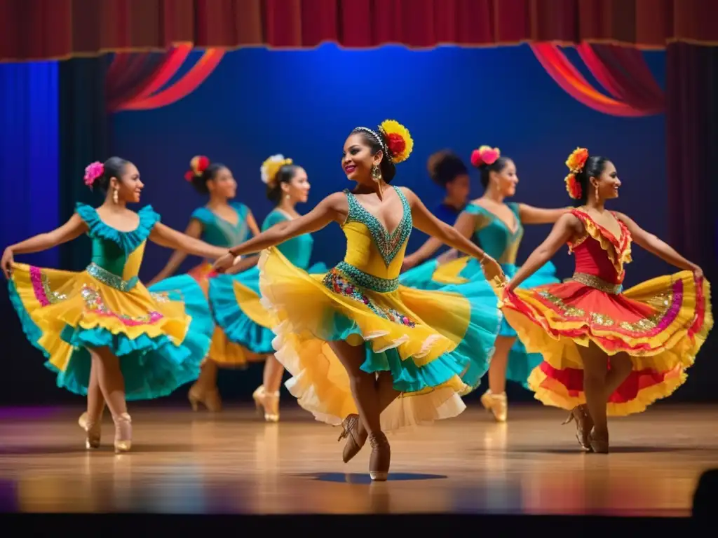 Trajes de baile latinoamericanos tradicionales en un escenario de ensueño, con detalles vibrantes y movimientos gráciles