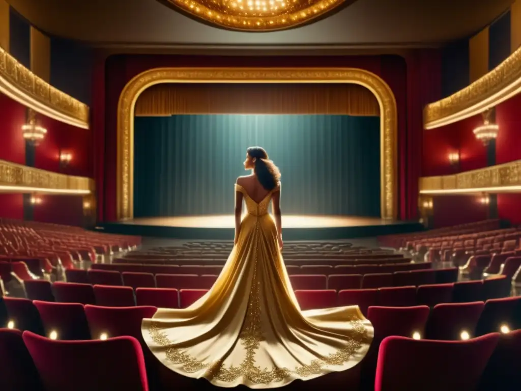 Mujeres en festivales de cine: Mujer en escenario de teatro, vestida elegante, rodeada de público expectante y admirativo