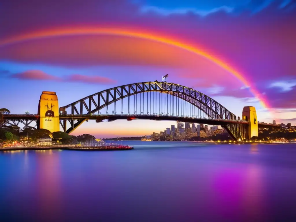 Puesta de sol vibrante sobre el Puente de la Bahía de Sídney, símbolo del Mardi Gras Gay Sydney