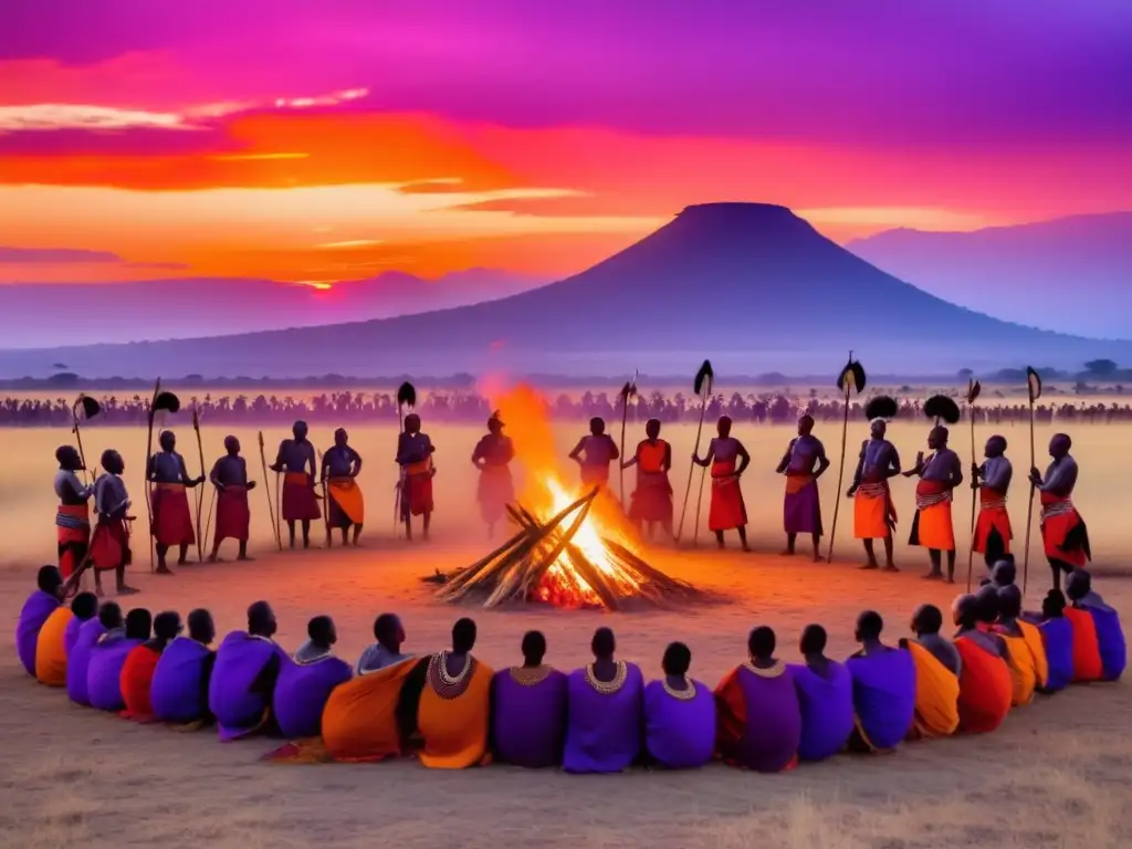 Imagen de los Festivales Ecológicos África inspiradores con la sabana africana al atardecer, guerreros Maasai danzando y elefantes en paz