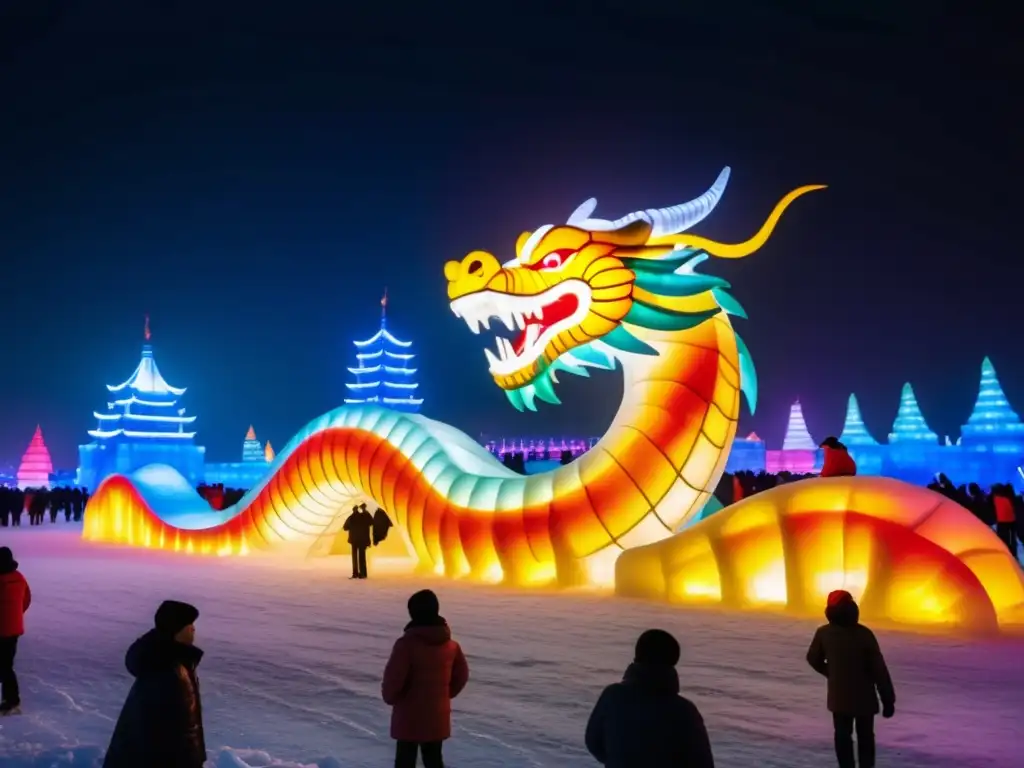 Festival del Hielo Harbin: Escultura de hielo del majestuoso dragón iluminado en un paisaje congelado, rodeado de visitantes maravillados