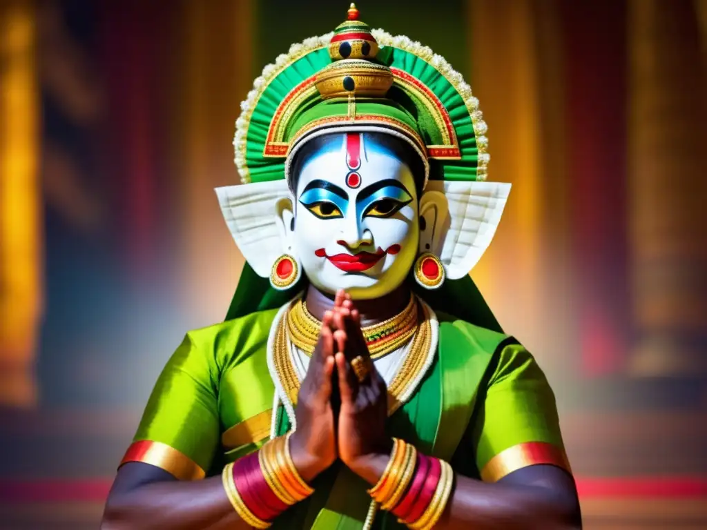 Fotografía de un impresionante espectáculo de Kathakali en Kerala, India, con vibrantes colores y trajes elaborados