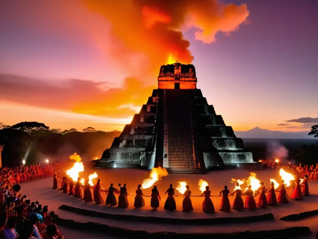 Festival Danza Fuego Guatemala: imagen fascinante de la danza del fuego en el festival, con fuego, danza y ruinas de Tikal