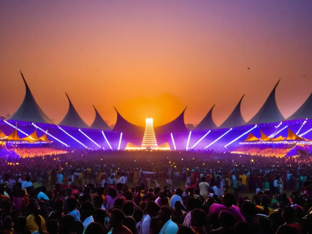 Influencia festivales música pop: Siluetas en festival al atardecer, vibrante energía, música, luces y montañas