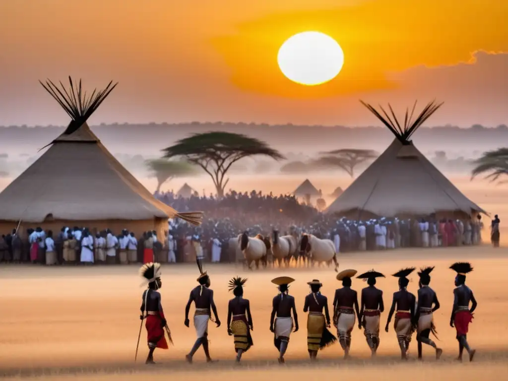 Festival de Gerewol en África: Imagen etérea del festival con una impresionante puesta de sol dorada, huts tradicionales y tribus Wodaabe adornadas