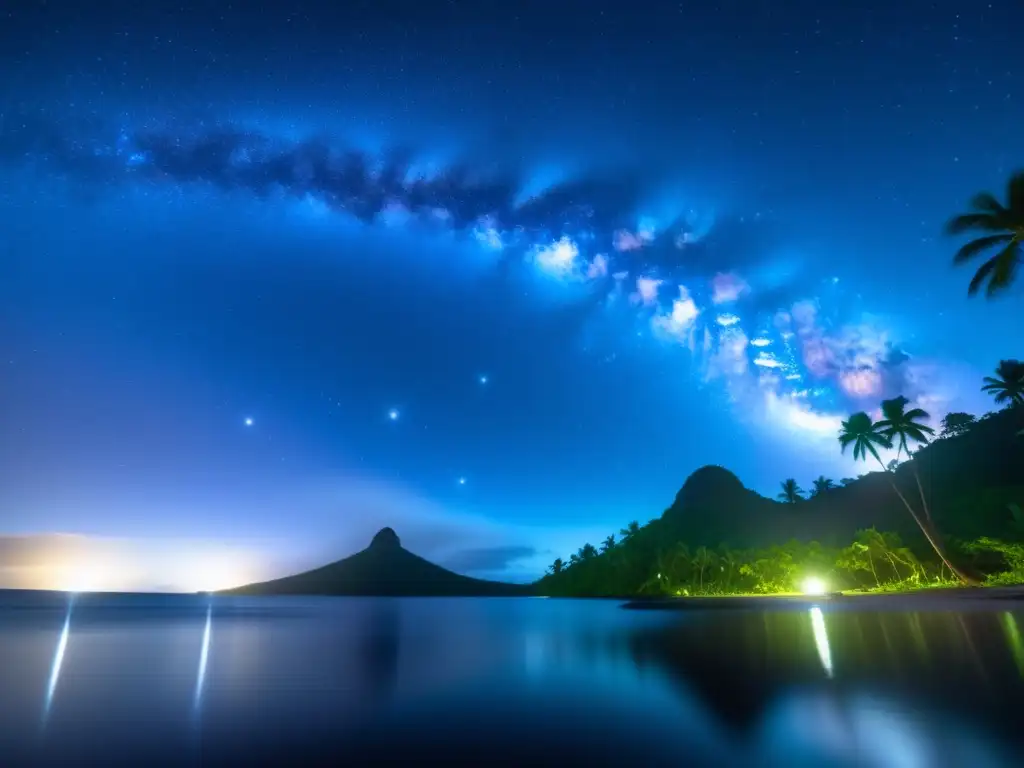 Festival Meteoritos Micronesia, noche estrellada, lago cristalino, espectáculo celestial, belleza exótica