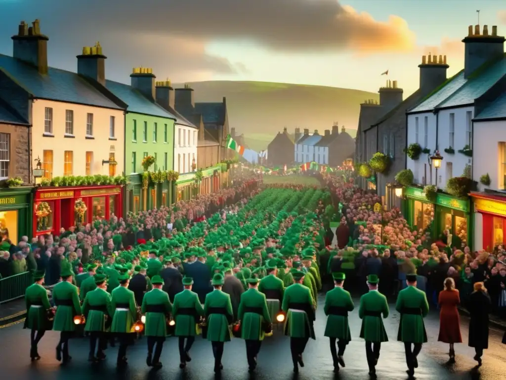 Festividades de San Patricio en Irlanda: Celebración mágica con desfile, música tradicional, y castillo iluminado