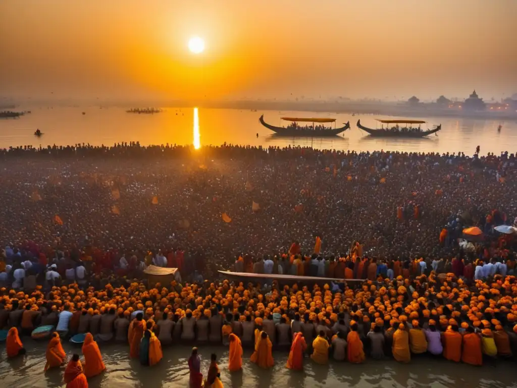 Festival religioso en India: Devotos en el río Ganges celebrando su fe