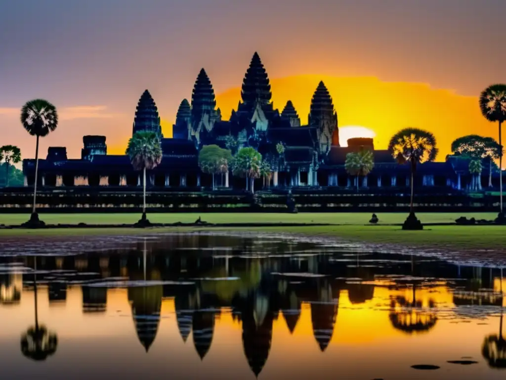 Festival tradicional en templos Angkor: Angkor Wat iluminado al atardecer, con danza local y arquitectura antigua