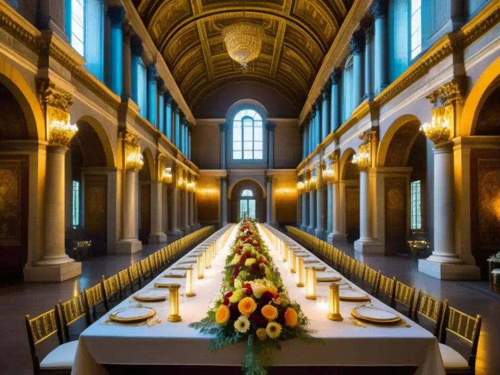 Historia banquetes festivos: imagen Roma antigua, suntuoso banquete en gran salón con columnas de mármol y frescos