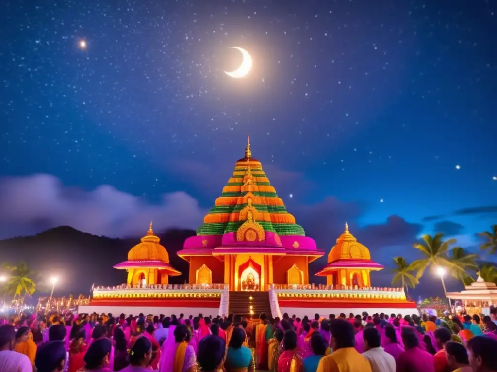 Celebración Diwali en Fiji: Templo decorado, luces, multitud vestida tradicionalmente