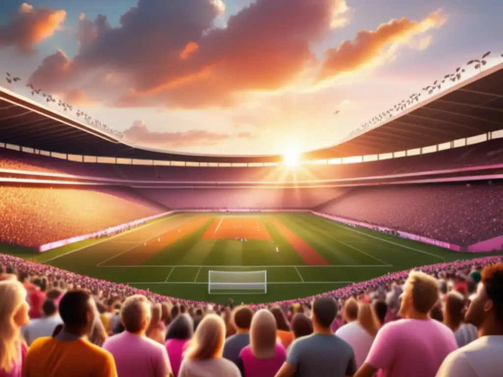 Festivales deportivos postpandemia: Estadio vibrante lleno de espectadores, atardecer dorado, actividades deportivas y mucha alegría