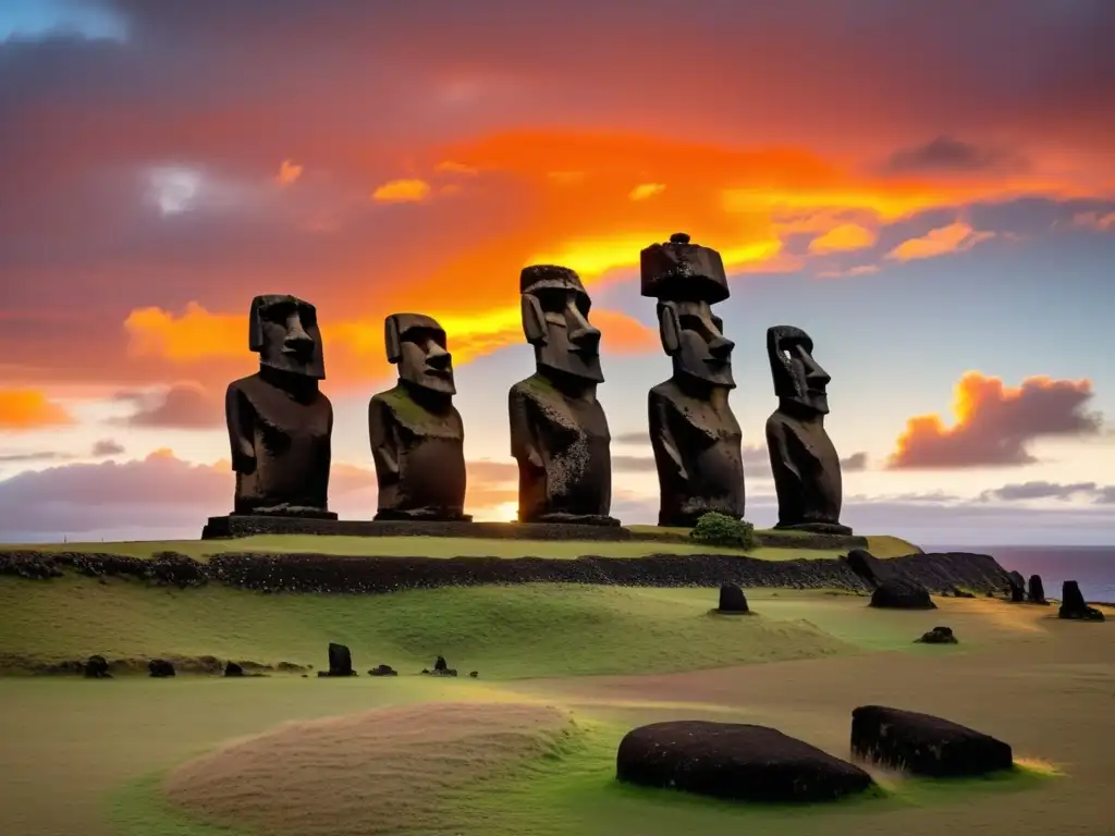 Impresionante imagen de los icónicos moai de la Isla de Pascua frente a un vibrante atardecer