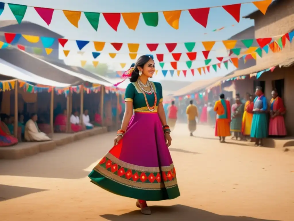 Evolución del vestuario en festivales tradicionales en una vibrante plaza llena de energía y color