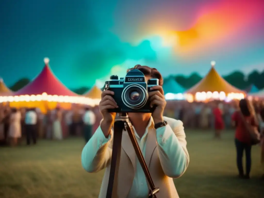 Evolución fotografía festivales tecnología digital: Fotógrafo capturando la esencia de un festival con cámara vintage