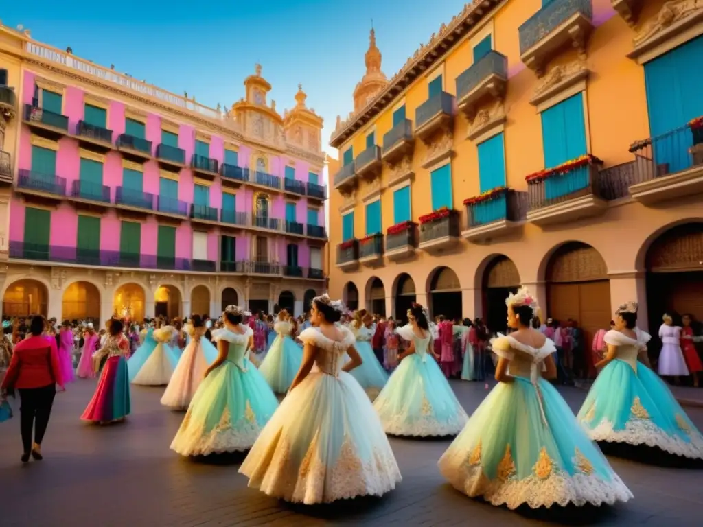 Historia del vestuario en Fallas Valencia: Mujeres elegantes con peinetas, mantillas, abanicos y sombreros en una escena vibrante y mágica