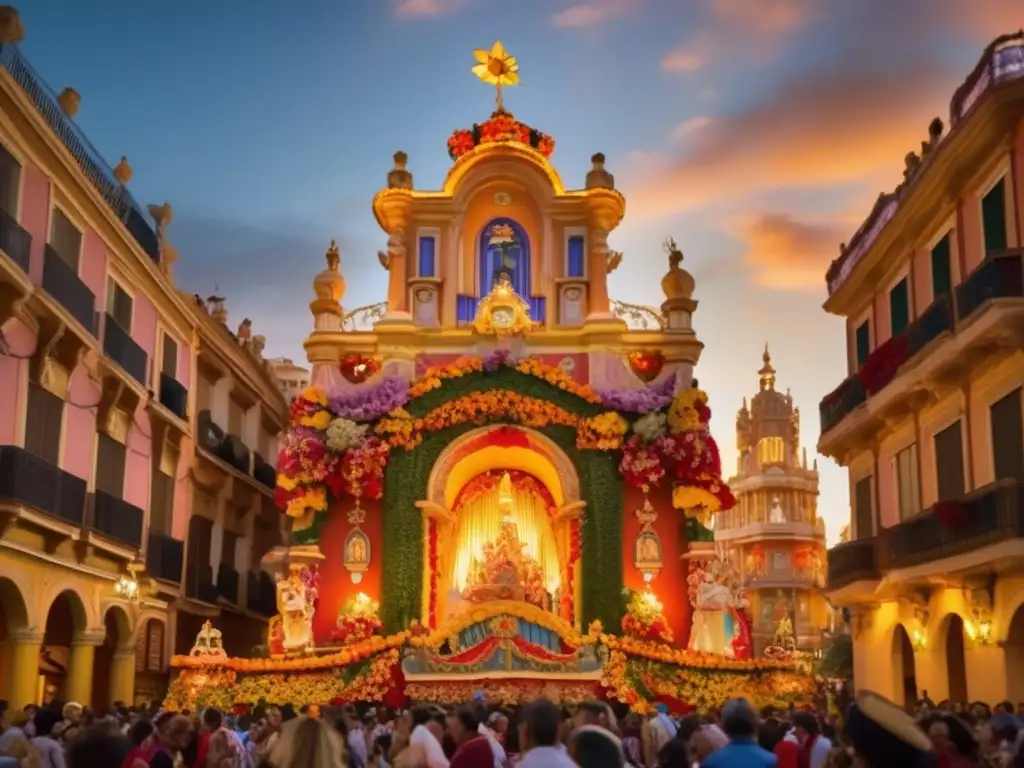 Falla tradicional española iluminada y colorida en el Festival de las Fallas en Valencia