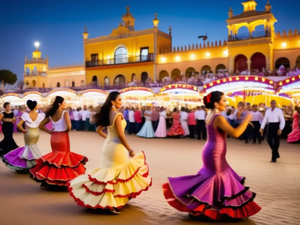 Escena nocturna en la Feria de Abril de Sevilla: tradición, encanto y alegría