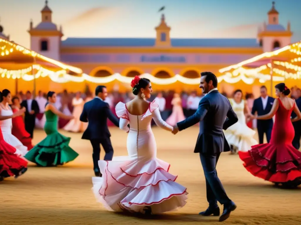 Feria de Abril en Sevilla: Escena vibrante y tradicional con casetas coloridas, flamenco y deliciosa comida (110 caracteres)