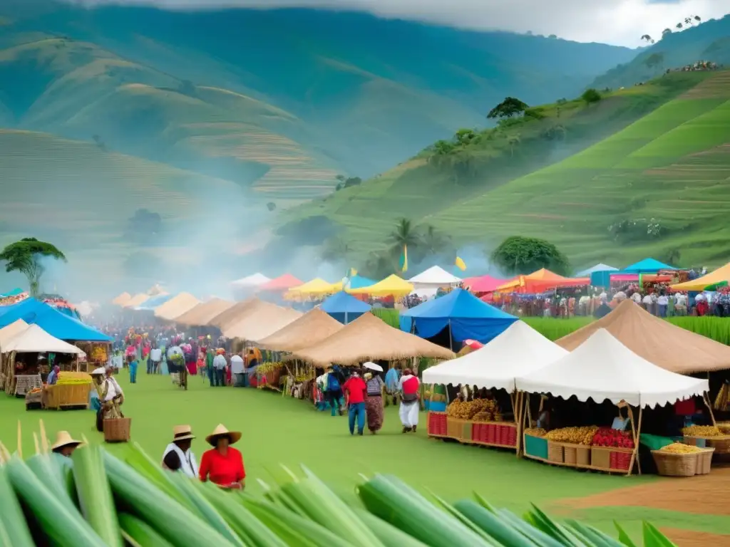 Tradición Feria Caña Colombia: Imagen vibrante de feria de caña en Colombia, con coloridas actividades y escenario natural