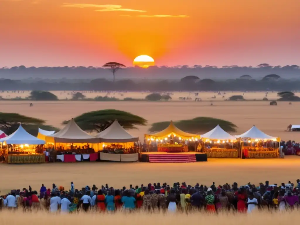 Festivales en África: Escena vibrante al atardecer con mercado, música, danza y paisaje impresionante