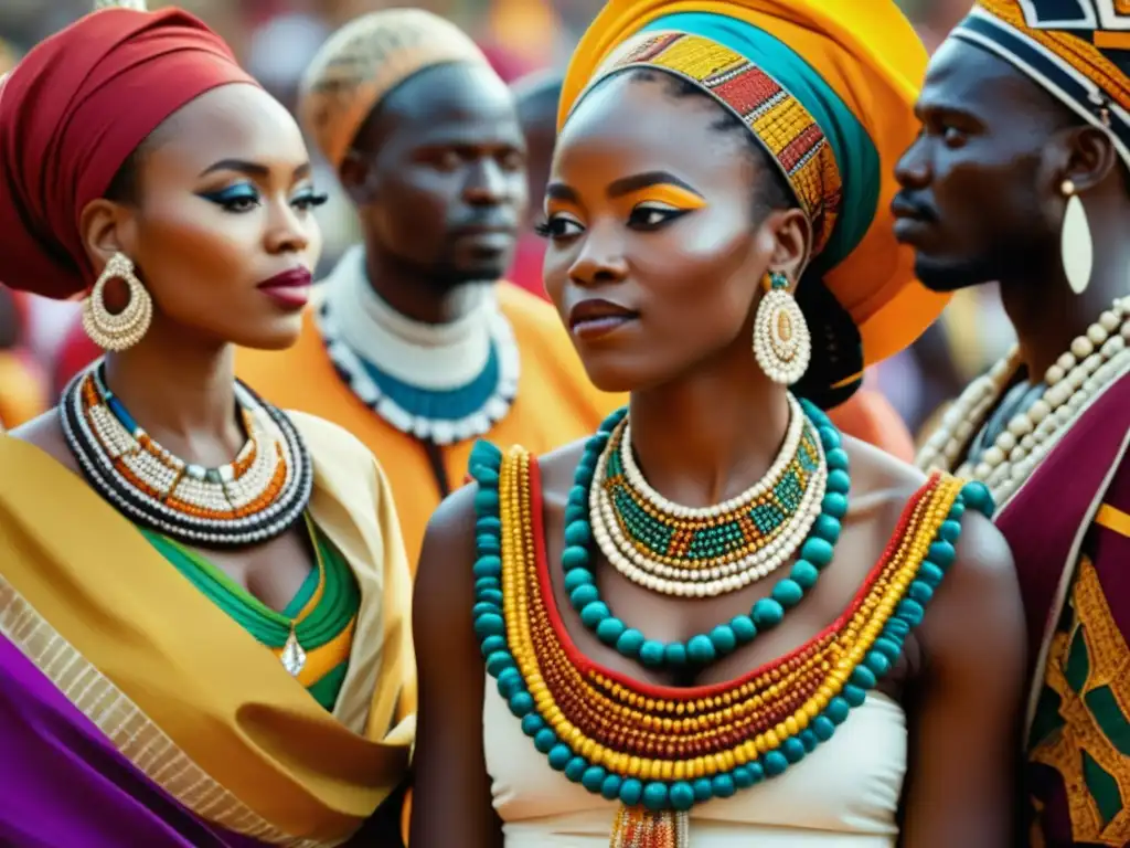 Indumentaria tradicional festivales africanos: Grupo vibrante con atuendos coloridos y detallados en paisaje africano