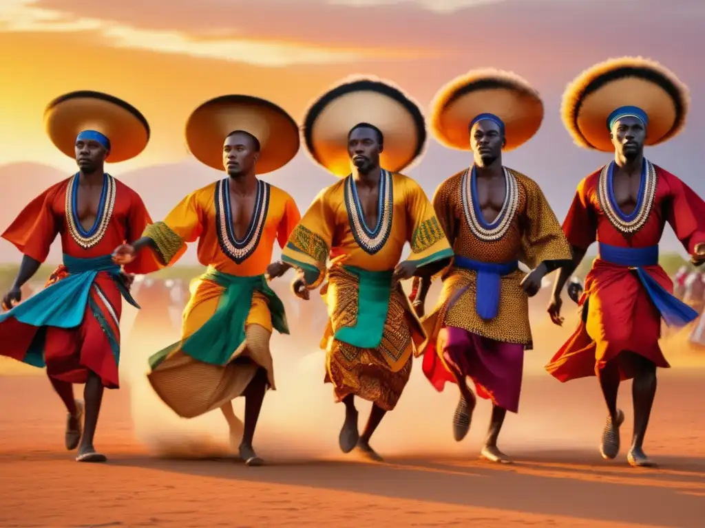 Indumentaria tradicional festivales africanos: Dancers in vibrant, patterned attire celebrate on a savannah at sunset