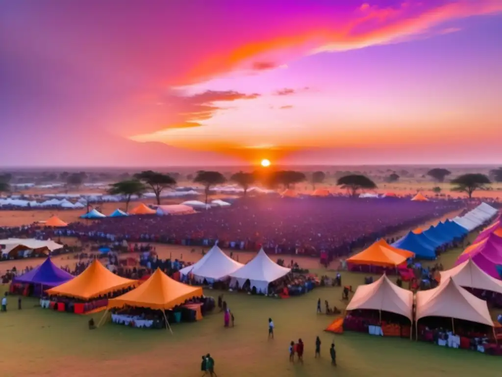 Aérea de festival tradicional sagrado en África, con paisaje, música, y montañas místicas