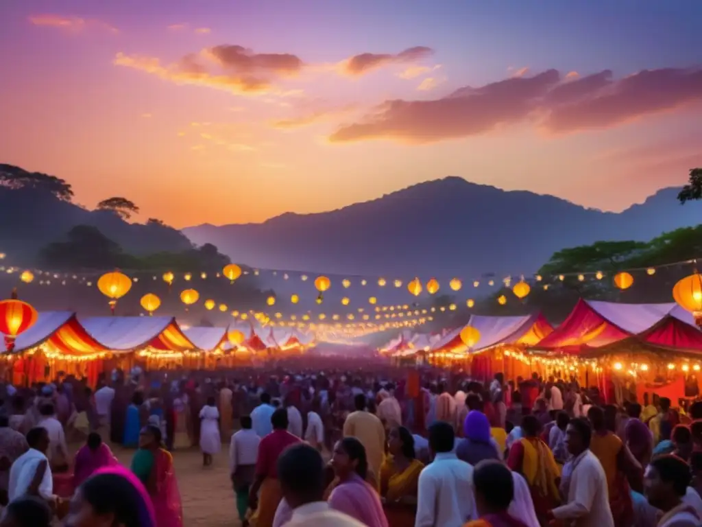 Importancia fotográfica festivales: escena mágica de un festival al atardecer, luz etérea, alegría y cultura reflejadas en la imagen