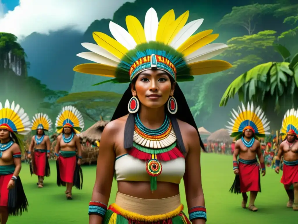 Festivales tradicionales en América del Sur: escena ancestral de celebración en la selva, con trajes coloridos y ruinas históricas