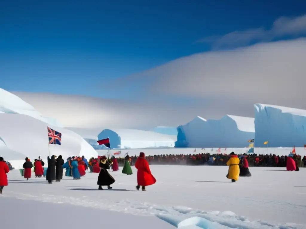 Festival tradicional en la Antártida: escena mágica de paisajes congelados, colores vibrantes y Aurora Australis