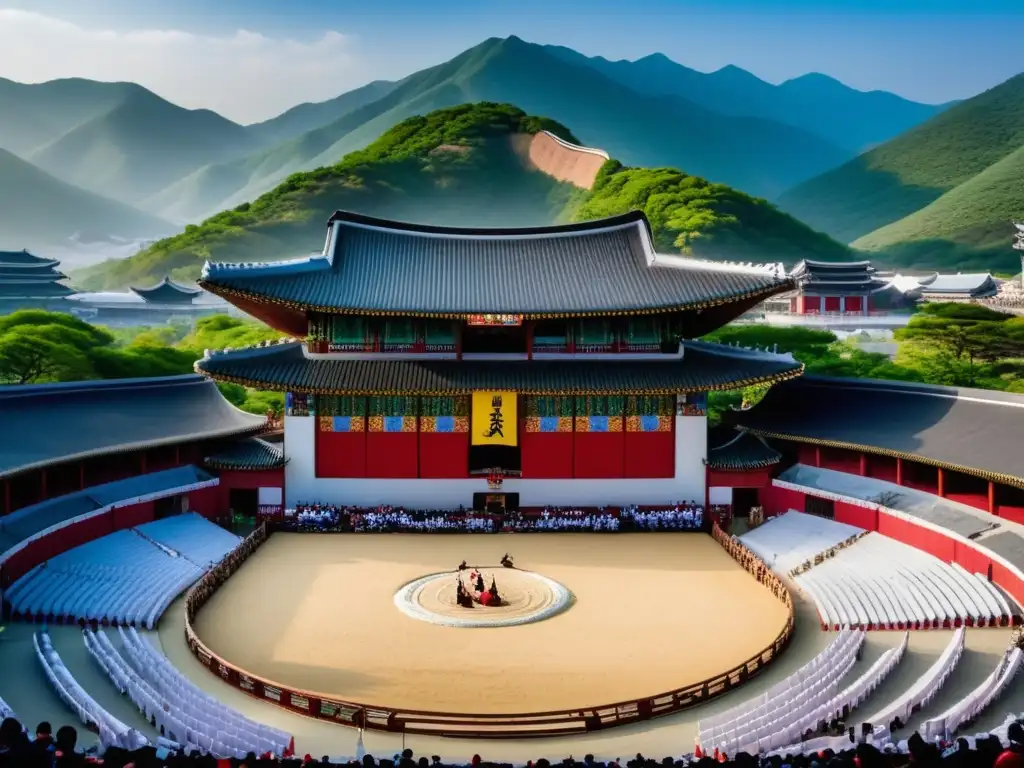 Festival artes marciales Corea Sur: paisaje mistico, arena grandiosa, arquitectura coreana, artes marciales impresionantes