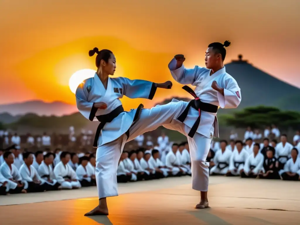 Festival artes marciales Corea del Sur: artista marcial ejecutando patada alta en paisaje impresionante