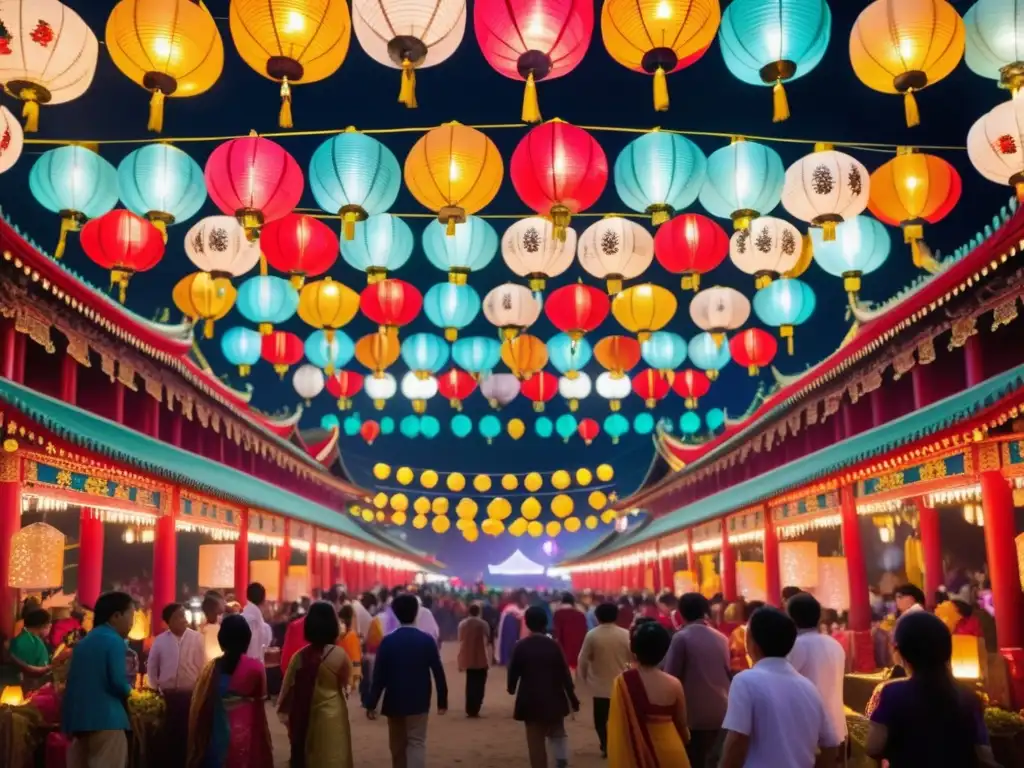 Festivales asiáticos históricos transformación: vibrante imagen de festival con colores, luces, máscaras, pagodas y danzas culturales