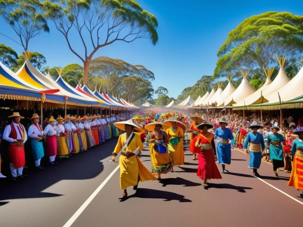 Festivales tradicionales en Australia - Desfile vibrante, música tradicional y trajes coloridos capturan la esencia cultural (110 caracteres)