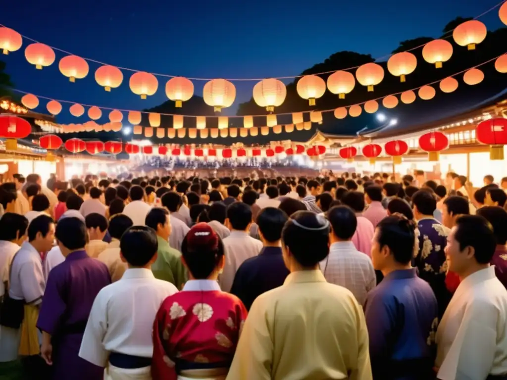 Festival Bon Odori Japón: danza ancestral, yukatas, farolillo, tambor taiko, sakura, pagoda en noche estrellada