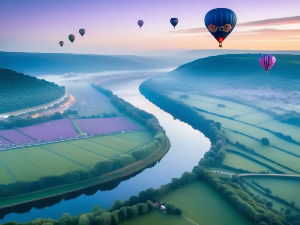 Festival de Globos Bristol tradición, paisaje sereno con globos de colores ascendiendo al cielo al amanecer