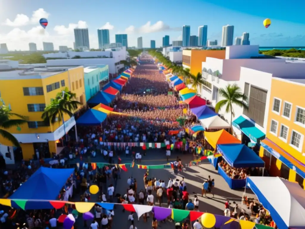 Festival Calle Ocho Miami: escena vibrante con multitud festiva, música, comida y decoraciones coloridas