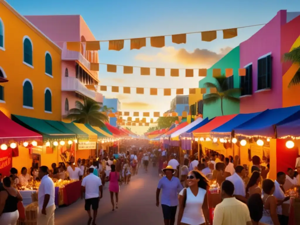 Festival Calle Ocho Miami: Vibrante imagen etérea del festival, con sol dorado, banderas, comida latina, baile y palmeras al atardecer