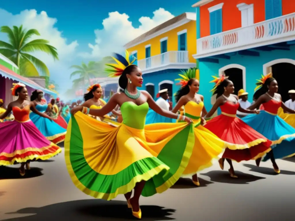 Festivales tradicionales en el Caribe: vibrante imagen fotorealista de una bulliciosa calle caribeña durante un festival tradicional